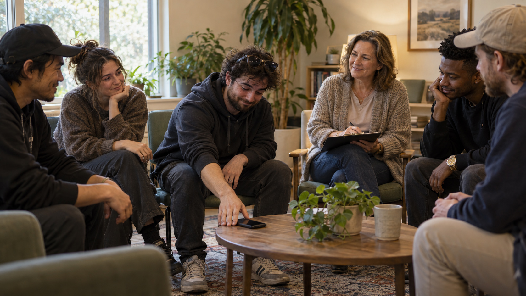 A small group talking in a circle in a bright room while one person sets their phone down on the table.
