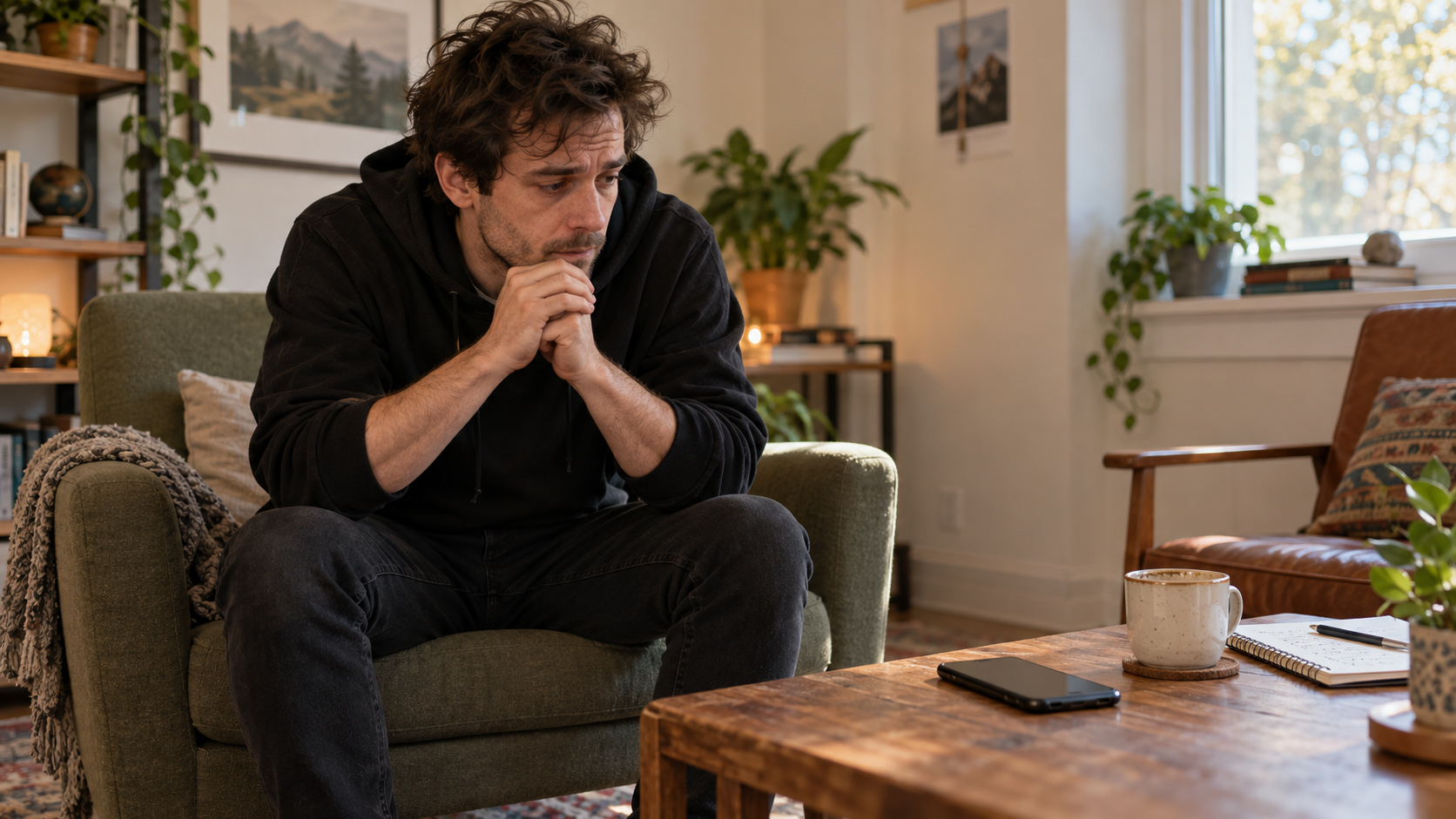 A man sitting forward in an armchair, staring at his phone lying on the coffee table.