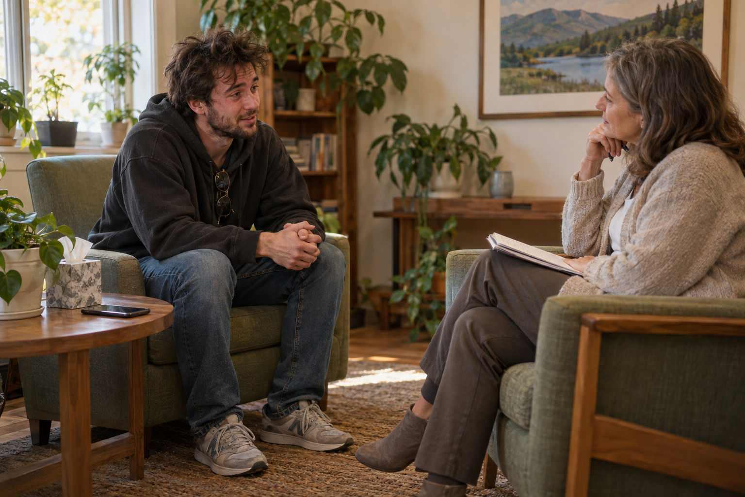 Two people talking in armchairs in a bright, plant-filled room.